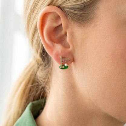 Pave Golf Cup and Flag Stud Earrings