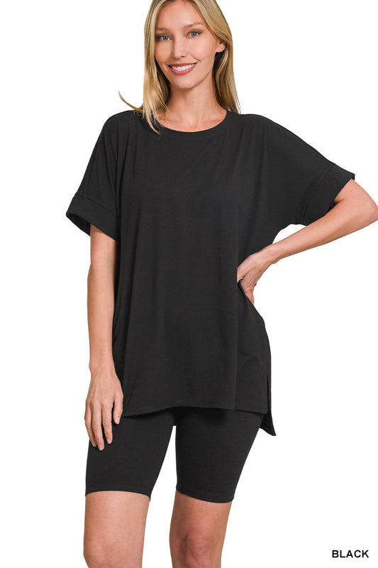 Hi Low Hem Top & Biker Shorts Set - Round Neck