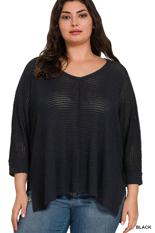 Brushed Waffle Exposed Seam 3/4 Length Sleeve Top - Plus