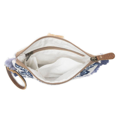 Mynora Sky Embroided Wristlet Pouch in Artisanal Blue - Myra Bag