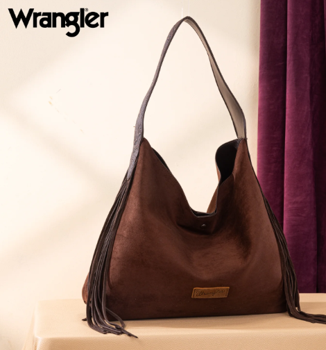 Wrangler Fringe Floral Tooled Hobo Bag - Coffee
