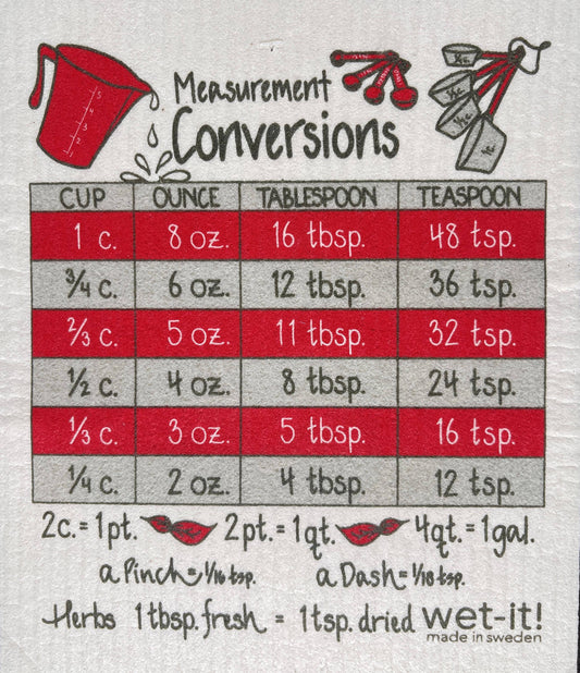 Cooking Measurements Swedish Dish Cloth - Red or Blue