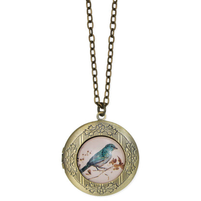Vintage Style Bird Print Gold Locket Necklace