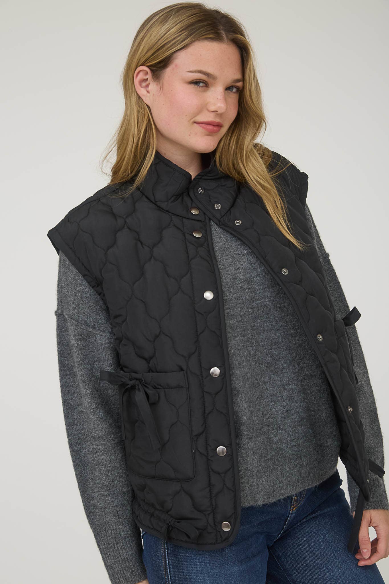 Tie Detail Snap Button Quilted Puffer Vest