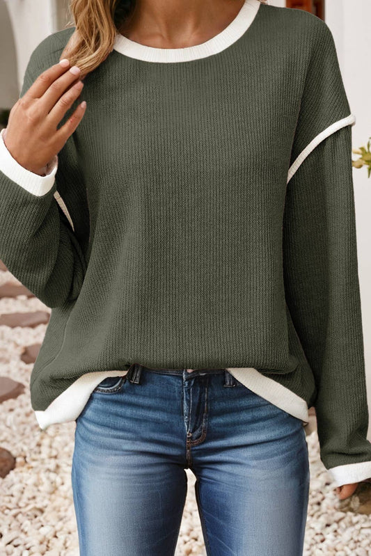Contrast Color Trim Soft Knit Top - 2 Colors
