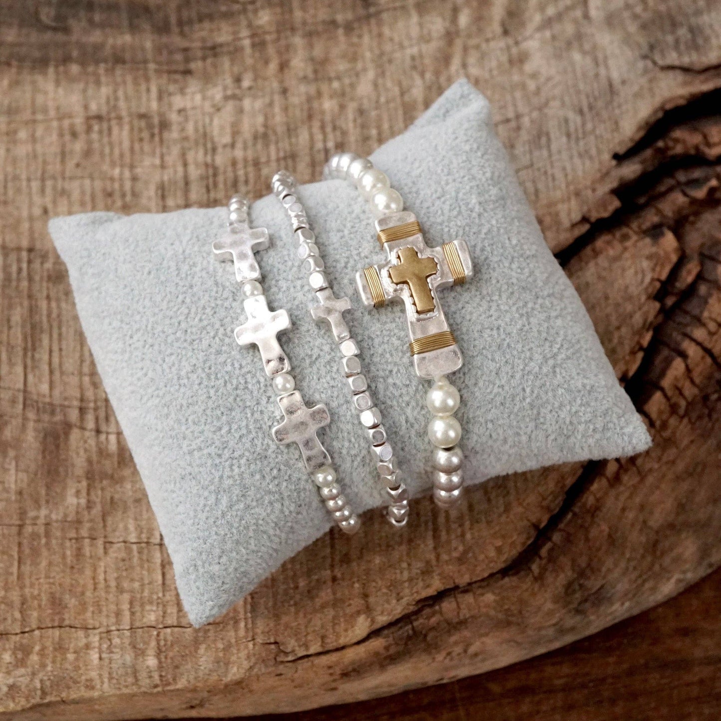 Cross bracelet set - Worn Silver tone