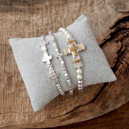 Cross bracelet set - Worn Silver tone