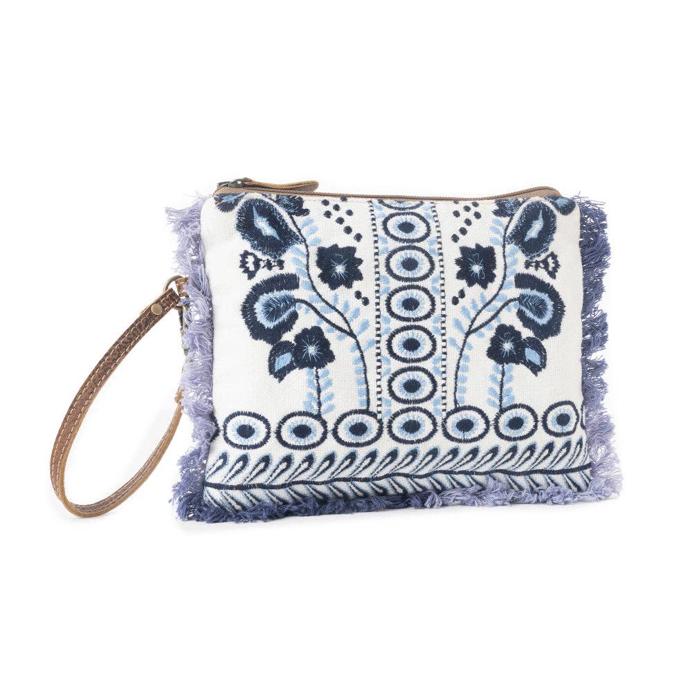 Mynora Sky Embroided Wristlet Pouch in Artisanal Blue - Myra Bag