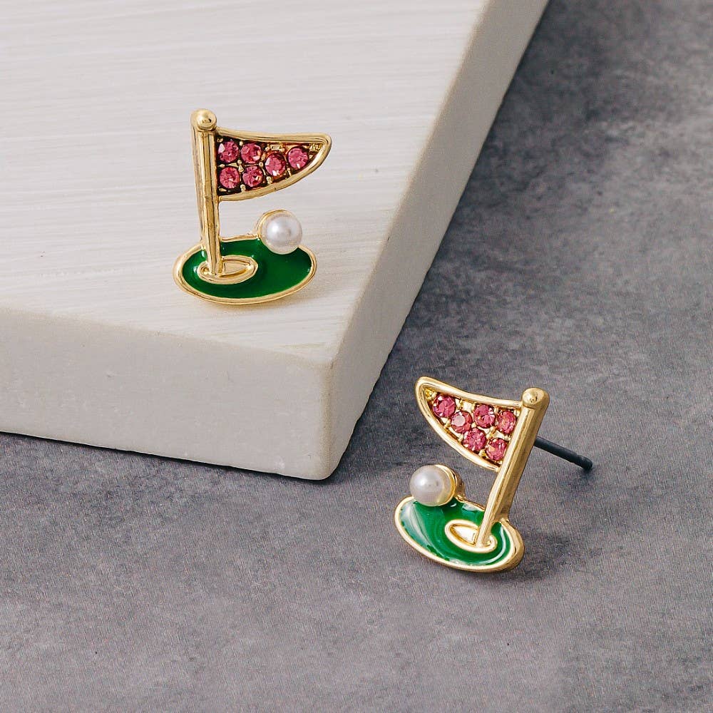 Pave Golf Cup and Flag Stud Earrings