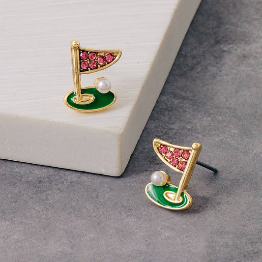 Pave Golf Cup and Flag Stud Earrings