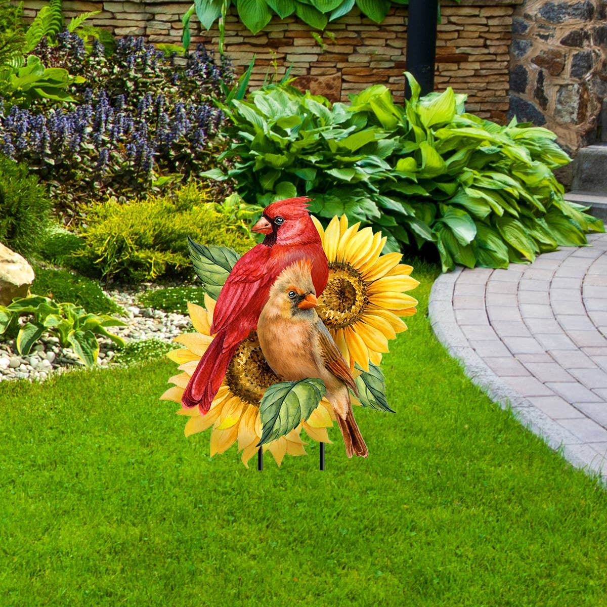 Cardinals and Sunflowers Metal Art Yard and Garden Stake