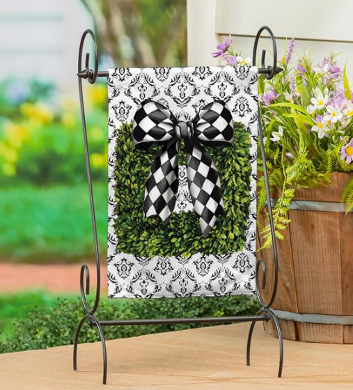 Black & White Bow Wreath Burlap Garden Flag