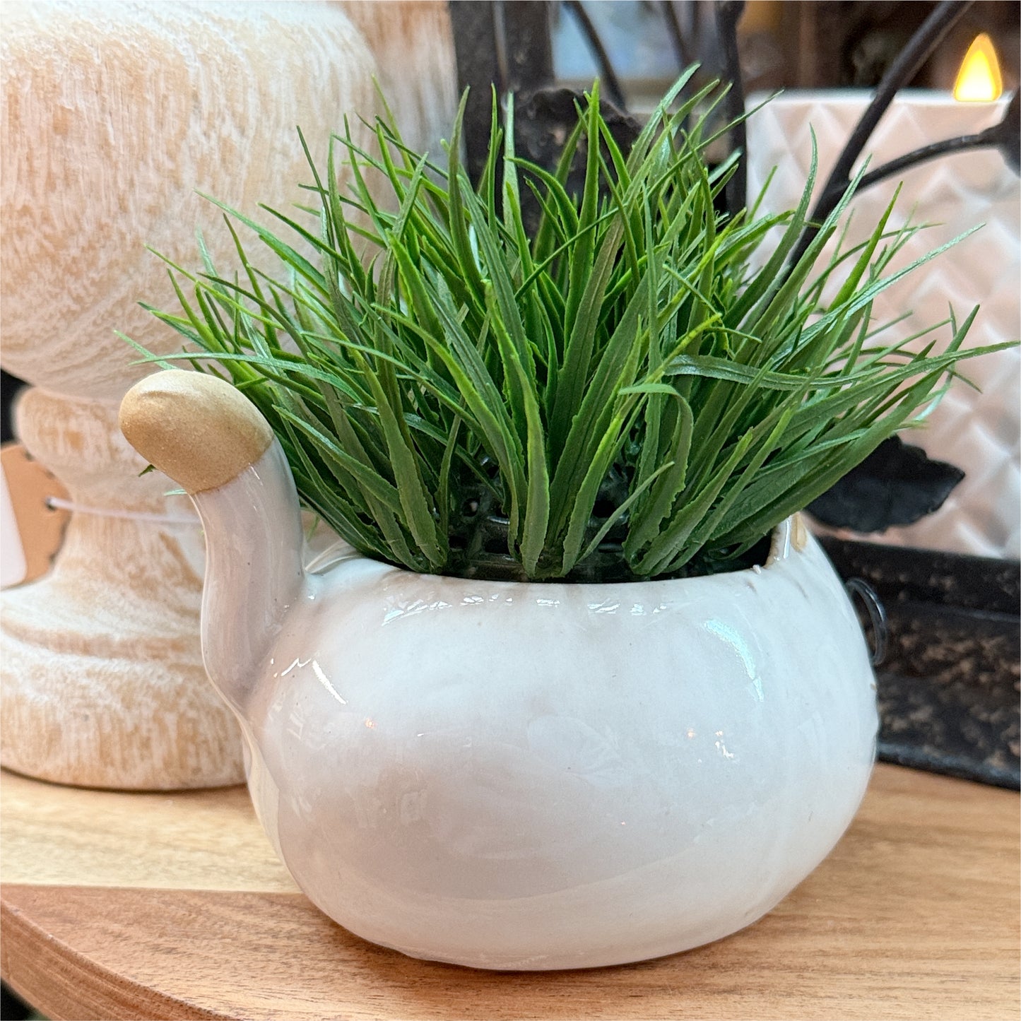 Whimsical Cat with Glasses Planter with Faux Grass