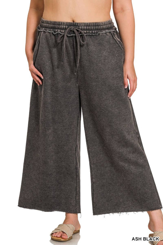 Acid Washed Fleece Palazzo Sweatpants With Pockets