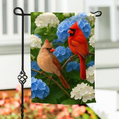 Cardinal Couple Among Hydrangeas Suede Garden Flag