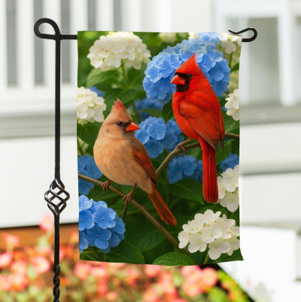 Cardinal Couple Among Hydrangeas Suede Garden Flag