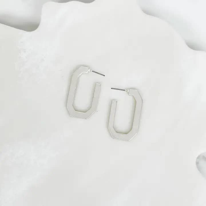 Elongated Octagon Matte Hoop Earrings - Silver