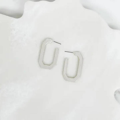 Elongated Octagon Matte Hoop Earrings - Silver