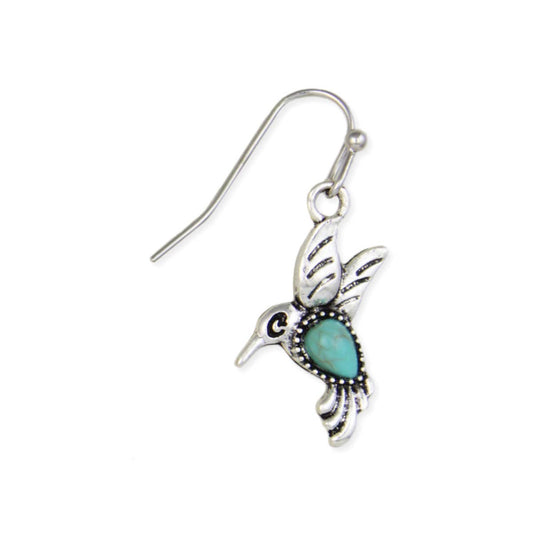 Silvertone Hummingbird and Turquoise Earrings