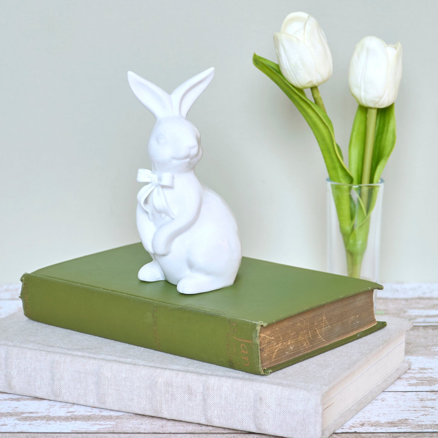 White Ceramic Bunny With Bow Statuary