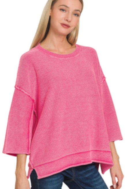 Washed 3/4 Sleeve Boxy Sweater - Color Options