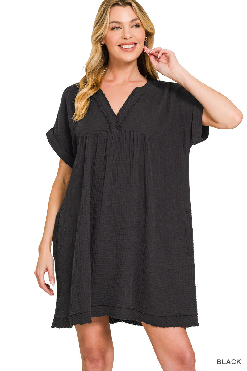 Double Gauze Raw Edge V-neck Dress