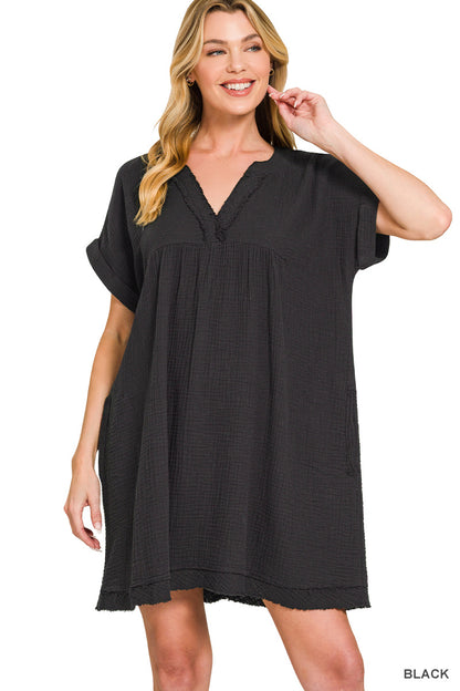 Double Gauze Raw Edge V-neck Dress