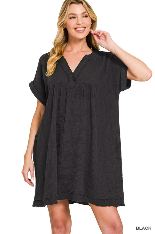 Double Gauze Raw Edge V-neck Dress