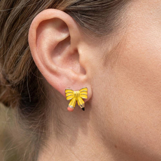 Enamel Pencil Bow Stud Earrings Great Teacher Gift