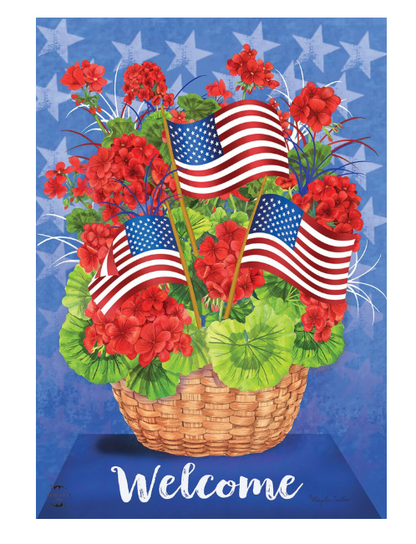 Patriotic Welcome Basket Summer Garden Flag Floral 12.5" x 18"