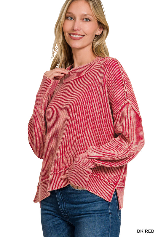Washed Side Slit Oversized Cropped Sweater
