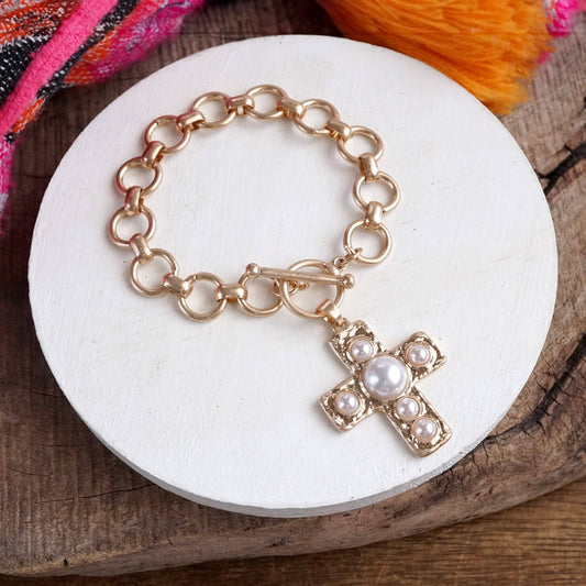 Worn Gold with Pearl Cross Chain Bracelet