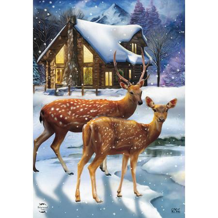 Winter Cabin Deer Garden Flag