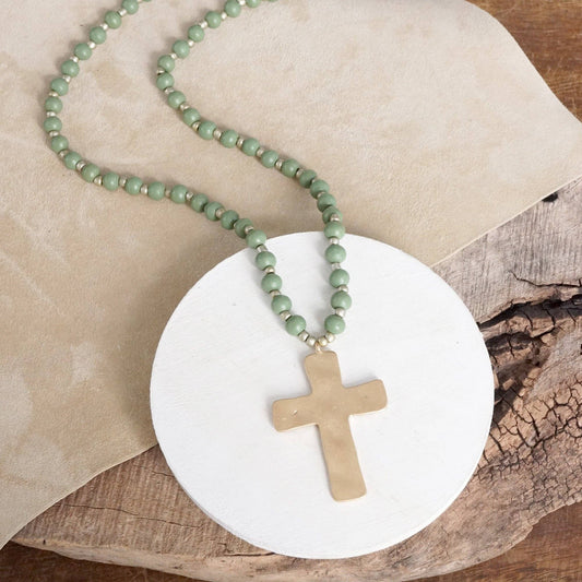 Long Wooden Bead Necklace with Gold Metal Cross Pendant - Color Options