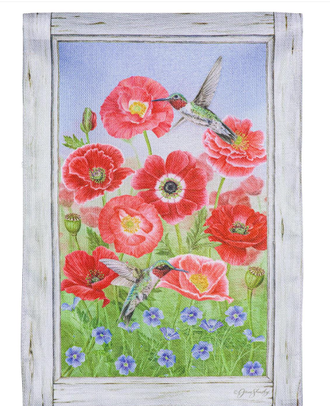 Hummingbirds and Poppies Burlap Garden Flag