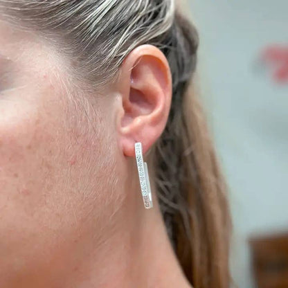 Elongated Octagon Matte Hoop Earrings - Silver
