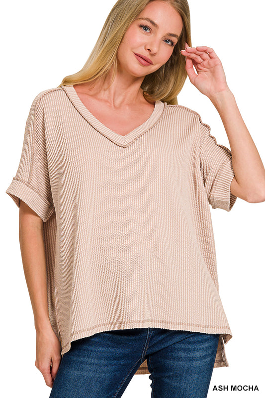 Corded Ribbed Short Sleeve Hi-Low V-Neck Top