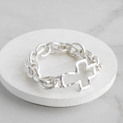 Worn Silver Chunky Chain Cross Bracelet