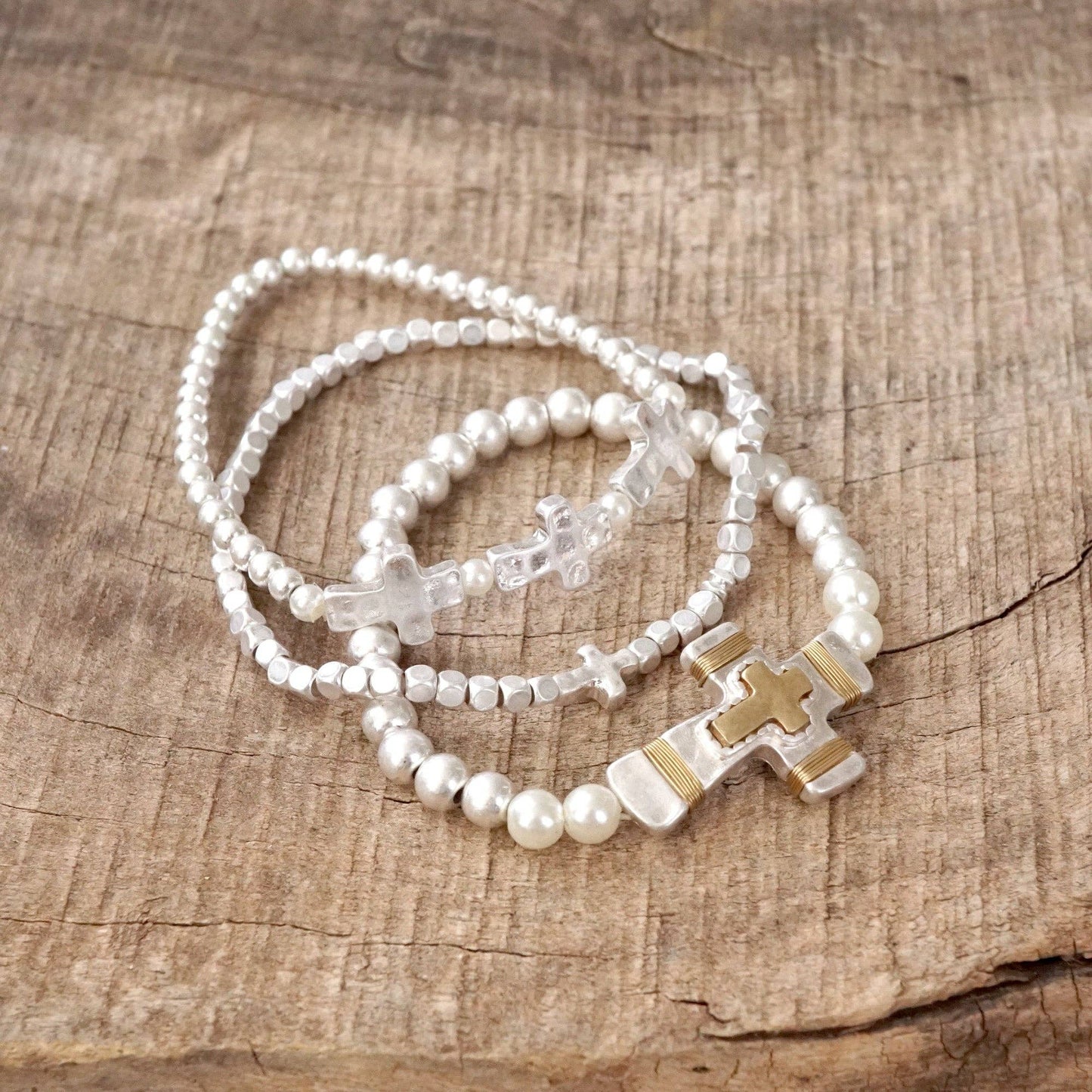 Cross bracelet set - Worn Silver tone