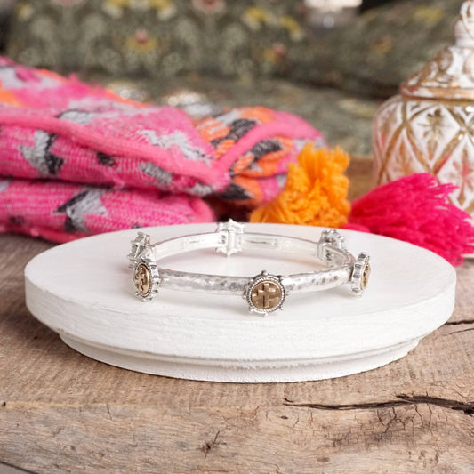 Cross Coin Bangle Bracelet - Silver or Gold