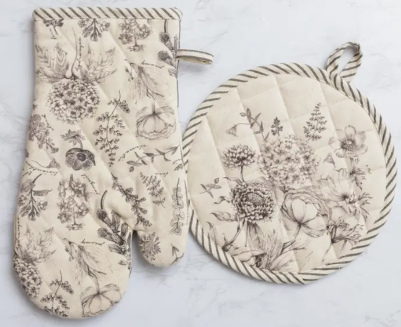 Kitchen Set Oven Mitt and Pot Holder Black/White Botanicals