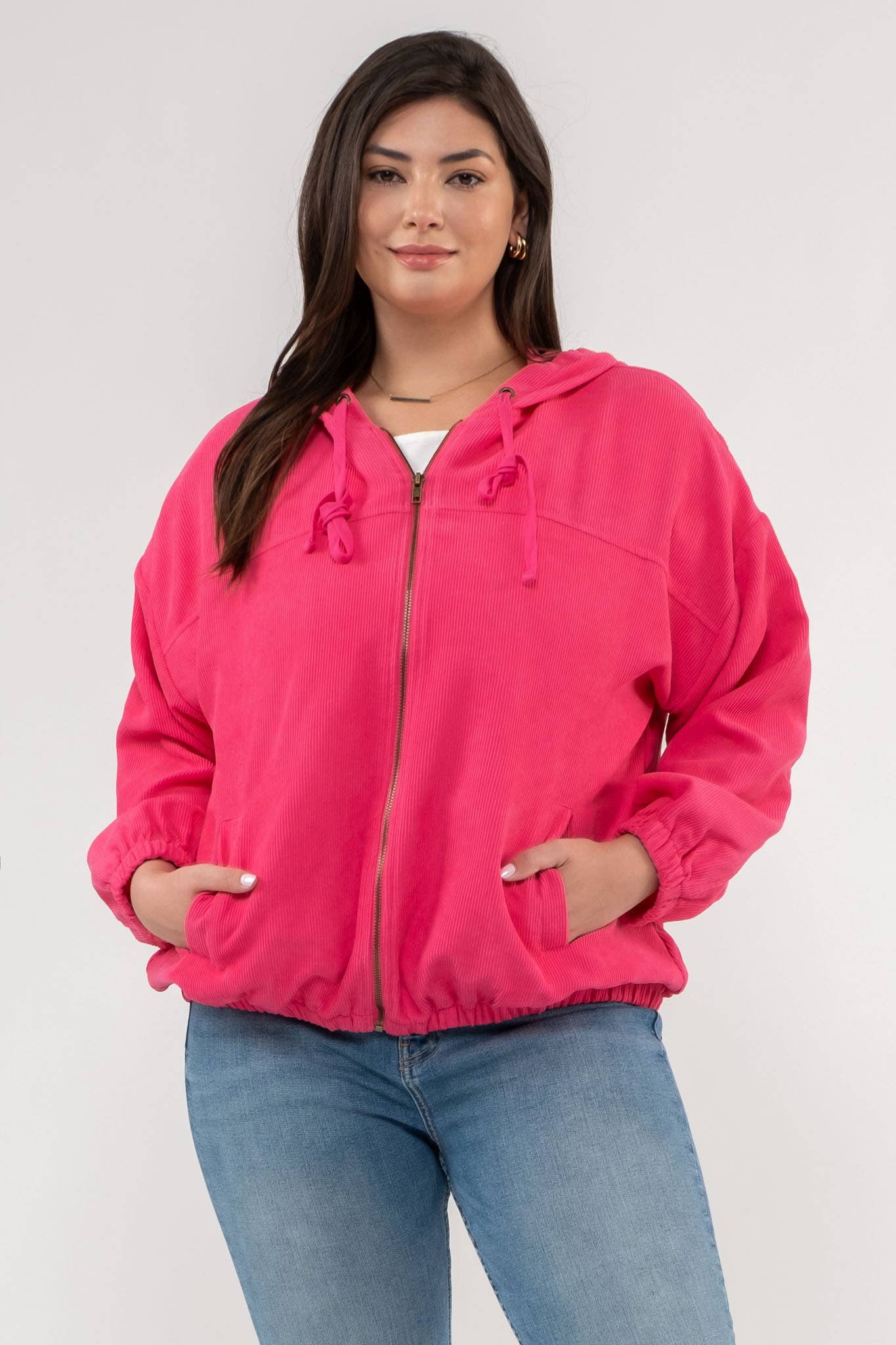 Corduroy Front Zip Up Jacket With Hood - Plus Sizes