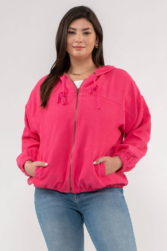 Corduroy Front Zip Up Jacket With Hood - Plus Sizes