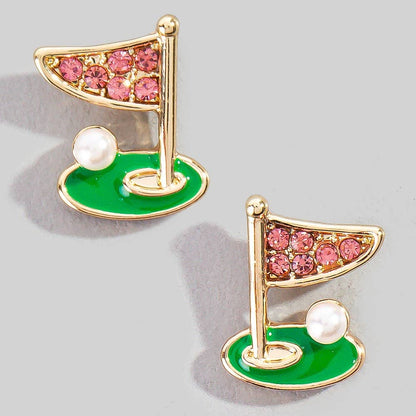Pave Golf Cup and Flag Stud Earrings