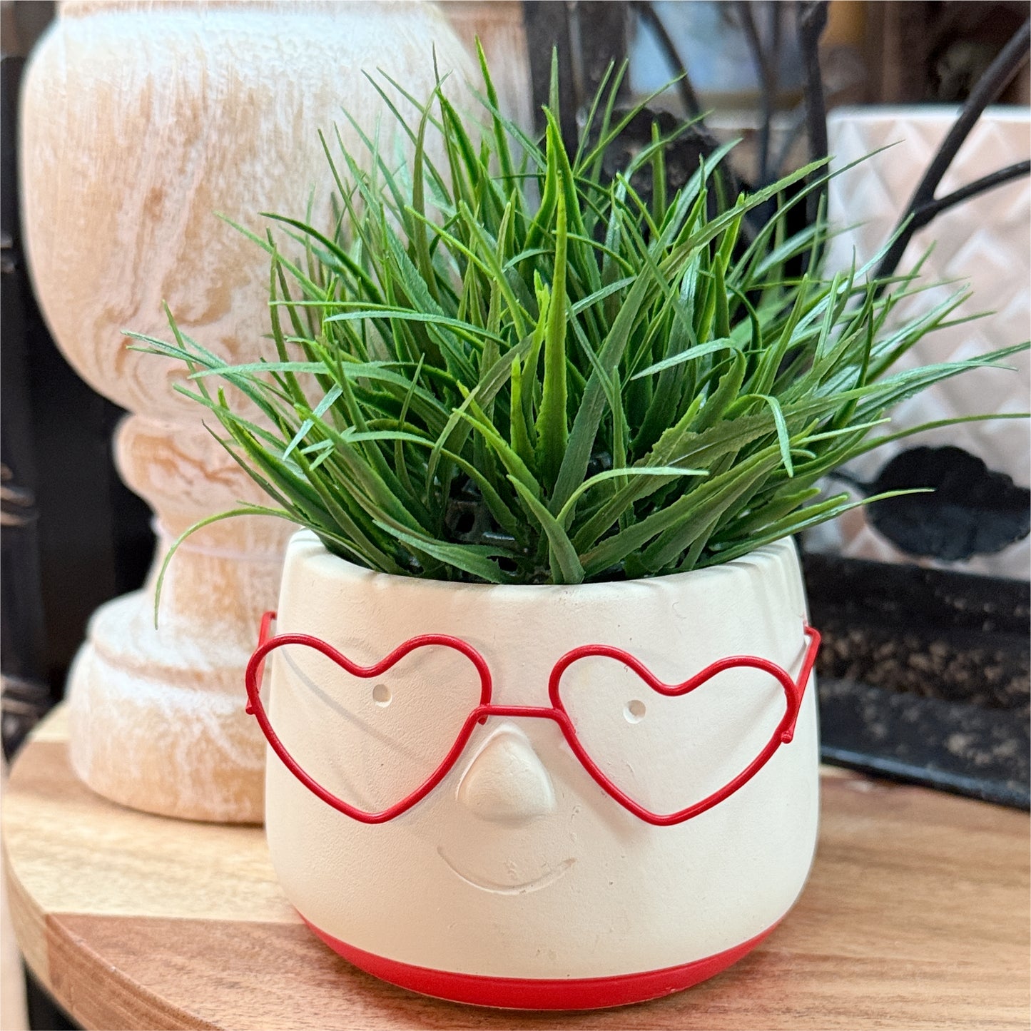 Red Heart Glasses Face Shaped Planter with Faux Grass