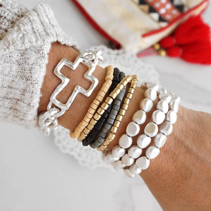 Worn Silver Chunky Chain Cross Bracelet
