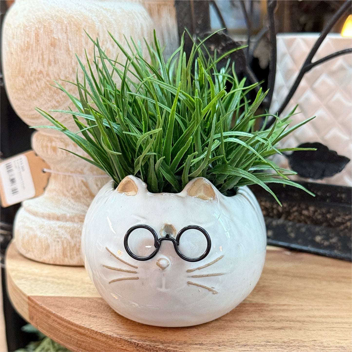 Whimsical Cat with Glasses Planter with Faux Grass